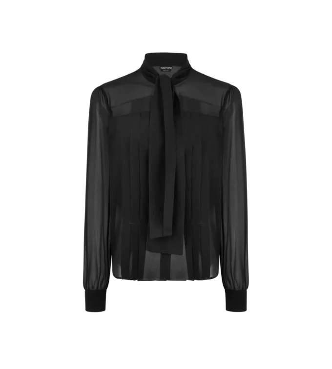 Blouse à manches longues et col lavallière avec détails plissés Blouse à manches longues et col lavallière avec détails plissés