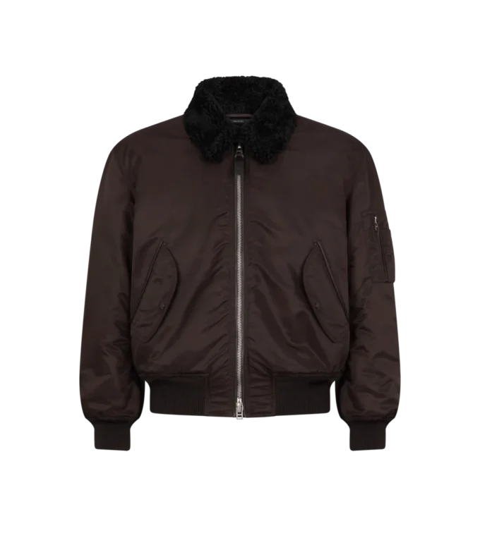 Blouson aviateur en nylon avec col en peau lainée Blouson aviateur en nylon avec col en peau lainée