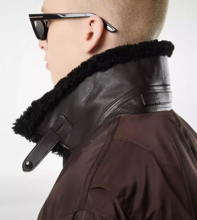Blouson aviateur en nylon avec col en peau lainée Blouson aviateur en nylon avec col en peau lainée