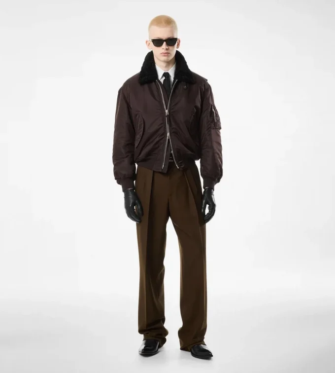 Blouson aviateur en nylon avec col en peau lainée Blouson aviateur en nylon avec col en peau lainée