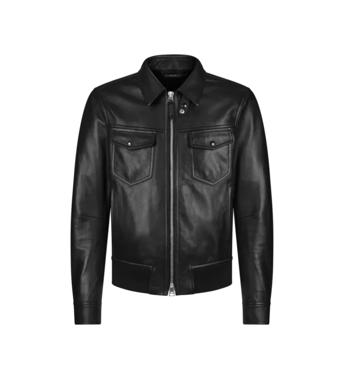 Blouson à col en cuir grainé Nappa