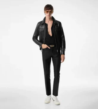 Blouson à col en cuir grainé Nappa