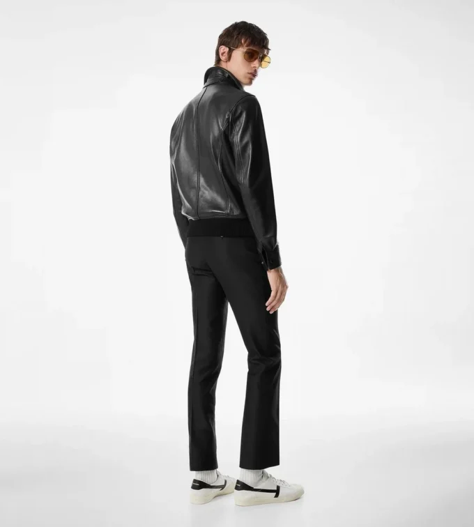 Blouson à col en cuir grainé Nappa