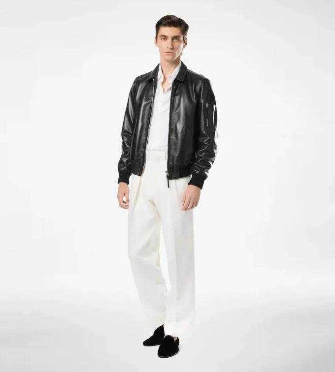 Blouson à col plongeant en cuir nappa souple Blouson à col plongeant en cuir nappa souple