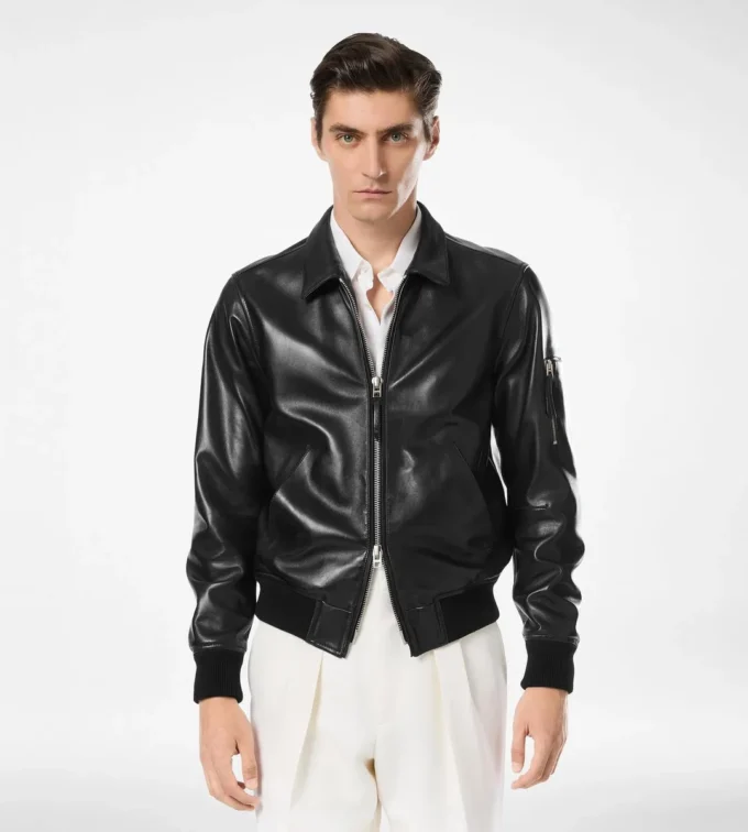 Blouson à col plongeant en cuir nappa souple Blouson à col plongeant en cuir nappa souple