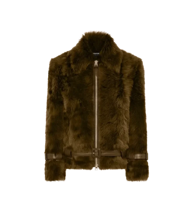 Blouson en peau lainée avec détails en cuir Blouson en peau lainée avec détails en cuir