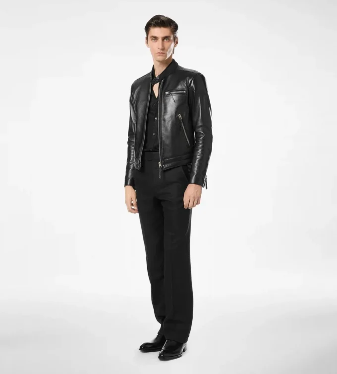 Blouson motard en cuir grainé nappa Blouson motard en cuir grainé nappa
