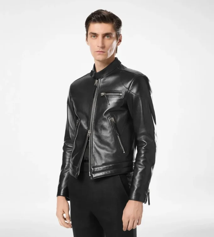 Blouson motard en cuir grainé nappa Blouson motard en cuir grainé nappa