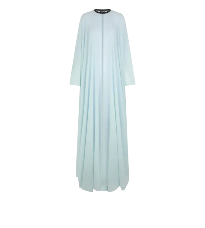 Caftan à col rond en georgette de soie avec détails en cuir