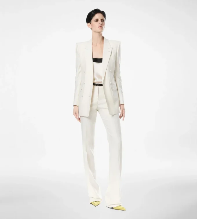 Veste à double boutonnage et revers en pointe en laine et soie à rayures ombrées Veste à double boutonnage et revers en pointe en laine et soie à rayures ombrées