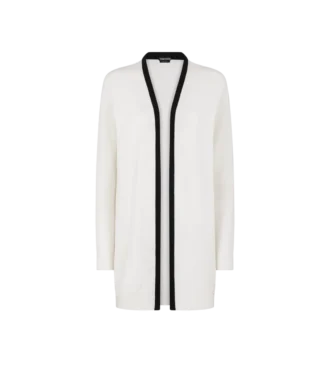 Cardigan mi-long en piqué mérinos avec bordures en satin