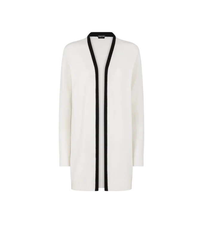 Cardigan mi-long en piqué mérinos avec bordures en satin Cardigan mi-long en piqué mérinos avec bordures en satin