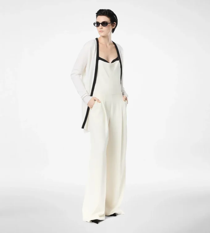 Cardigan mi-long en piqué mérinos avec bordures en satin Cardigan mi-long en piqué mérinos avec bordures en satin