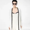 Cardigan mi-long en piqué mérinos avec bordures en satin Cardigan mi-long en piqué mérinos avec bordures en satin
