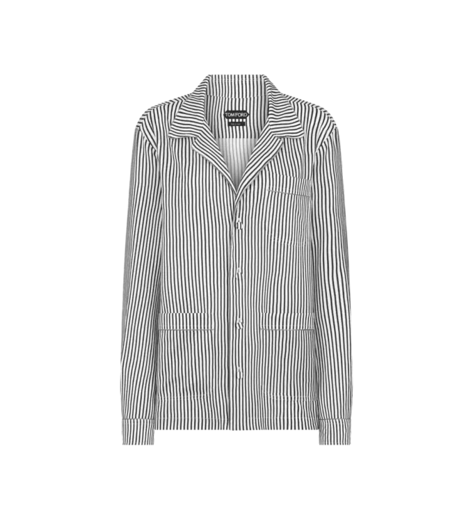 Chemise de pyjama en soie rayée avec passepoil et logo TF brodé ton sur ton Chemise de pyjama en soie rayée avec passepoil et logo TF brodé ton sur ton