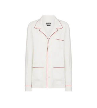 Chemise de pyjama en twill de soie avec passepoil et logo TF brodé ton sur ton