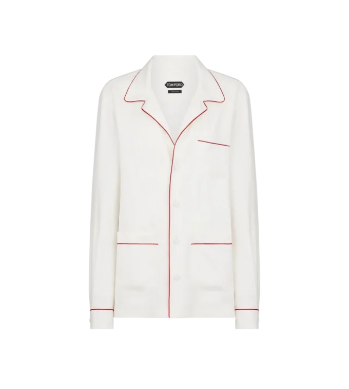 Chemise de pyjama en twill de soie avec passepoil et logo TF brodé ton sur ton