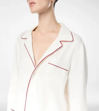 Chemise de pyjama en twill de soie avec passepoil et logo TF brodé ton sur ton