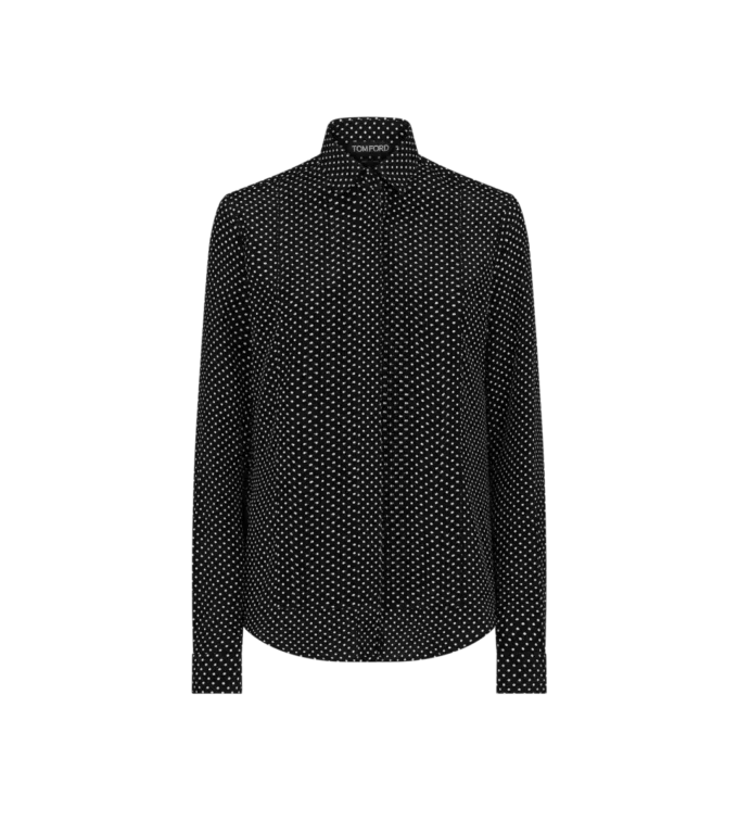 Chemise en crêpe de Chine de soie à pois avec plastron plissé