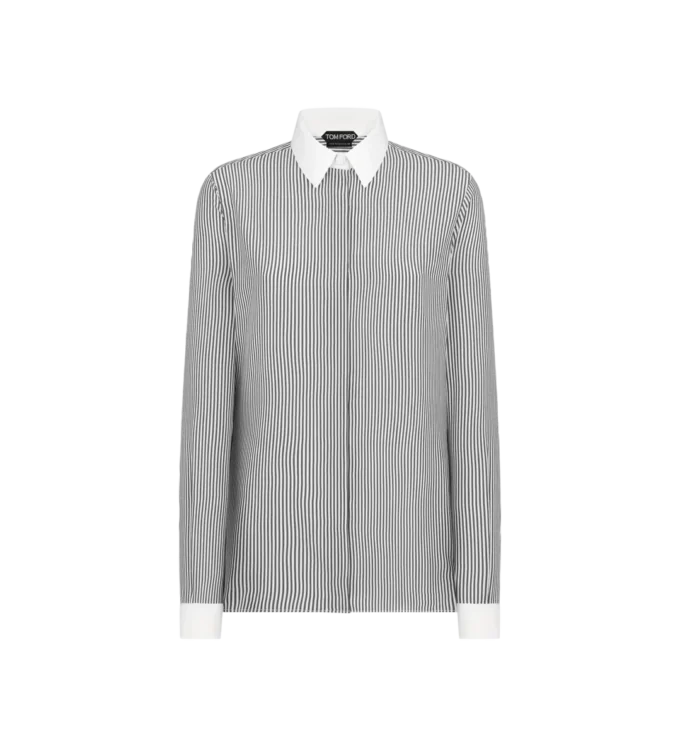 Chemise en soie rayée avec détails contrastés Chemise en soie rayée avec détails contrastés