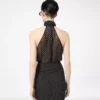 Haut lavallière à dos nu en georgette de soie à pois avec détail plissé Haut lavallière à dos nu en georgette de soie à pois avec détail plissé
