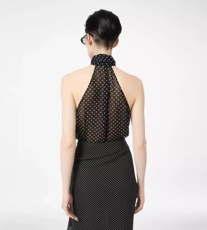 Haut lavallière à dos nu en georgette de soie à pois avec détail plissé Haut lavallière à dos nu en georgette de soie à pois avec détail plissé