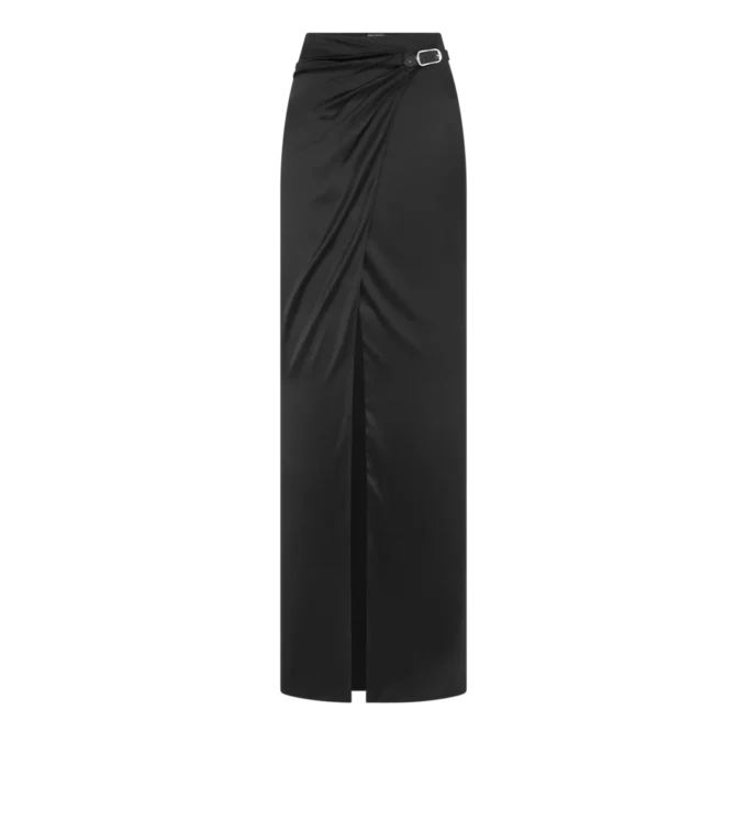 Jupe longue portefeuille avec ceinture en cuir