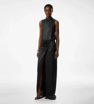 Jupe longue portefeuille avec ceinture en cuir