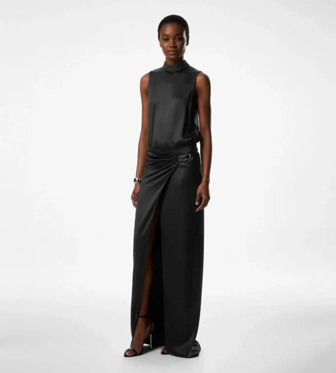 Jupe longue portefeuille avec ceinture en cuir