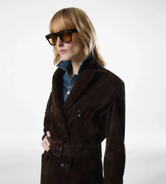 Manteau en daim à double boutonnage et ceinture Manteau en daim à double boutonnage et ceinture