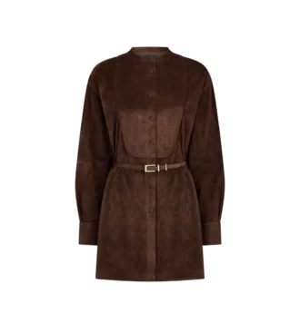 Mini-robe chemise à plastron et ceinture en cuir d&rsquo;agneau pleine fleur