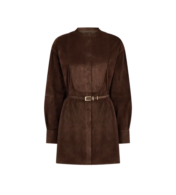 Mini-robe chemise à plastron et ceinture en cuir d’agneau pleine fleur Mini-robe chemise à plastron et ceinture en cuir d’agneau pleine fleur