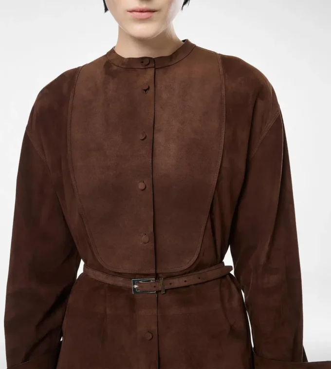 Mini-robe chemise à plastron et ceinture en cuir d’agneau pleine fleur Mini-robe chemise à plastron et ceinture en cuir d’agneau pleine fleur