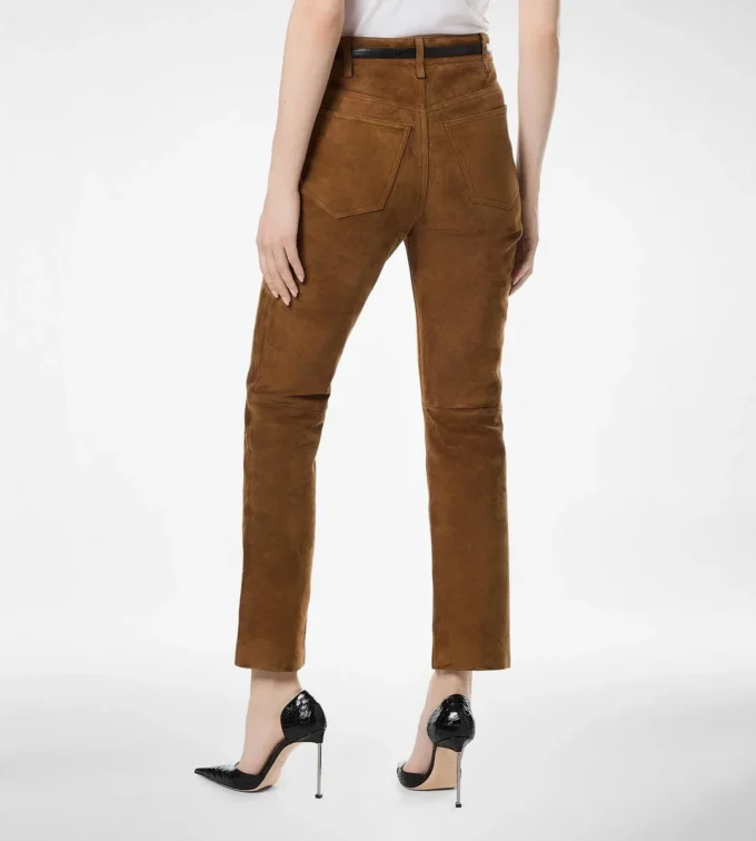 Pantalon cinq poches en cuir d’agneau pleine fleur avec logo Tf gravé Pantalon cinq poches en cuir d’agneau pleine fleur avec logo Tf gravé