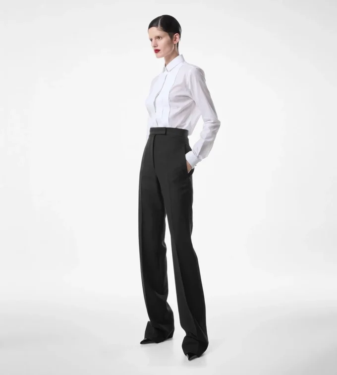 Pantalon de smoking taille haute en laine et soie mélangées Pantalon de smoking taille haute en laine et soie mélangées