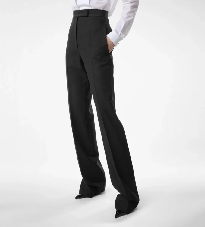 Pantalon de smoking taille haute en laine et soie mélangées Pantalon de smoking taille haute en laine et soie mélangées