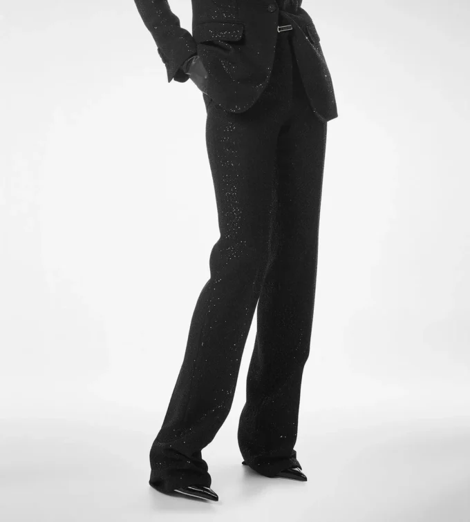Pantalon droit ajusté en crêpe de laine mélangée à paillettes Pantalon droit ajusté en crêpe de laine mélangée à paillettes
