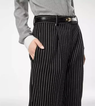Pantalon droit ample à plis en laine et coton Barathea rayé