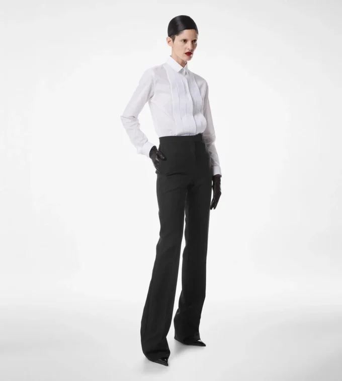 Pantalon droit de smoking ajusté en laine et soie mélangées Pantalon droit de smoking ajusté en laine et soie mélangées