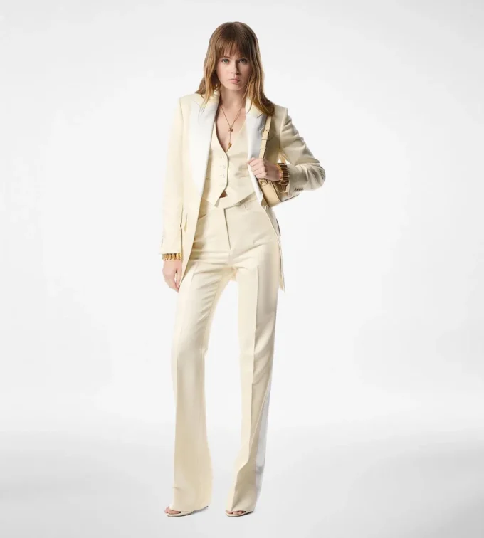 Pantalon large de smoking sur mesure en laine et soie Barathea brillante Pantalon large de smoking sur mesure en laine et soie Barathea brillante