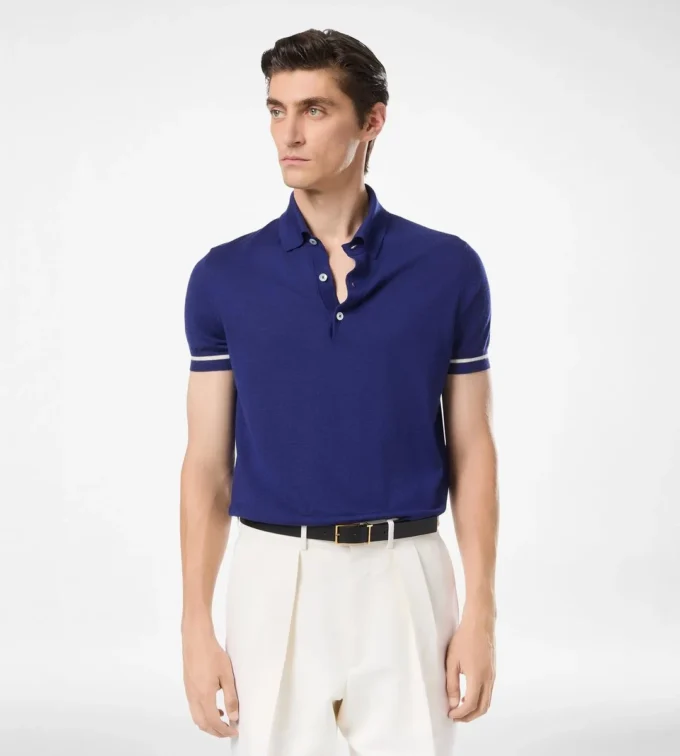 Polo en cachemire et soie à passepoil contrasté