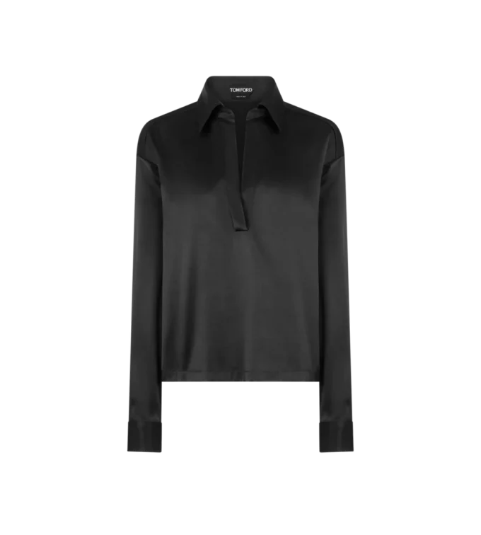 Polo en satin de soie extensible avec logo TF brodé ton sur ton