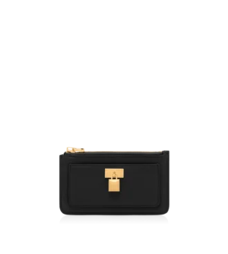 Porte-cartes zippé en cuir grainé naturel avec cadenas