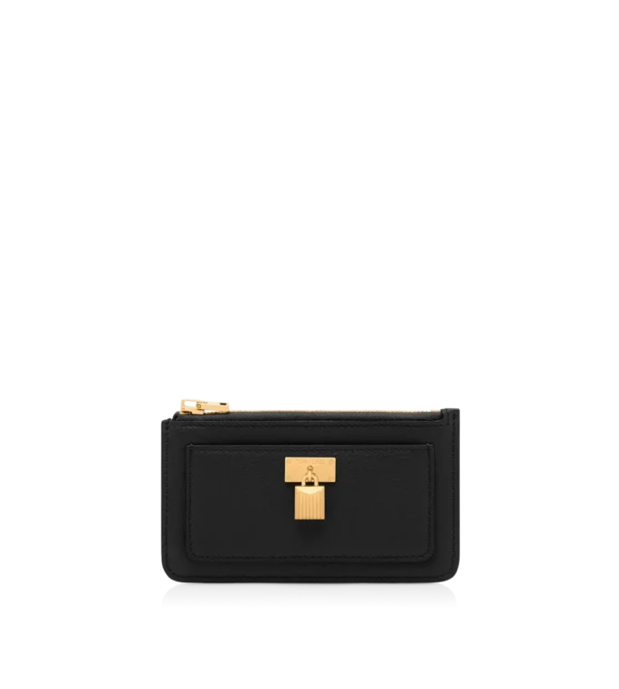 Porte-cartes zippé en cuir grainé naturel avec cadenas