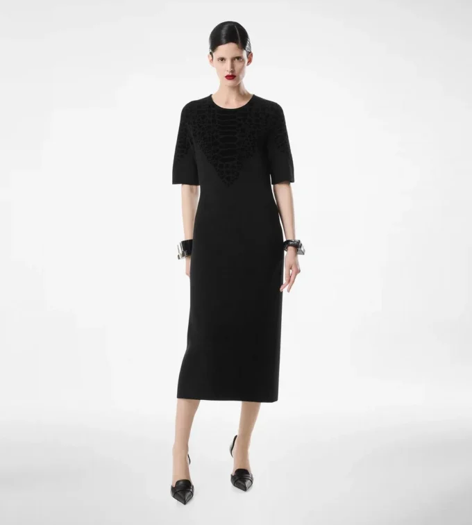 Robe à col rond en soie chenille gaufrée python Robe à col rond en soie chenille gaufrée python