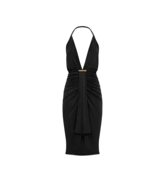 Robe de cocktail à col en V avec détail drapé en cascade sur le devant