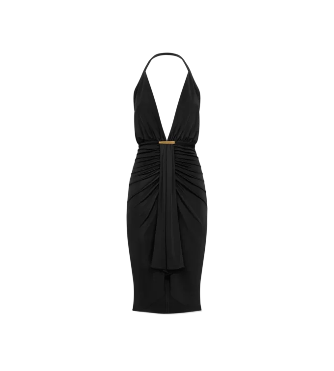 Robe de cocktail à col en V avec détail drapé en cascade sur le devant