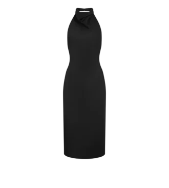 Robe de cocktail en soie à dos nu et encolure licou