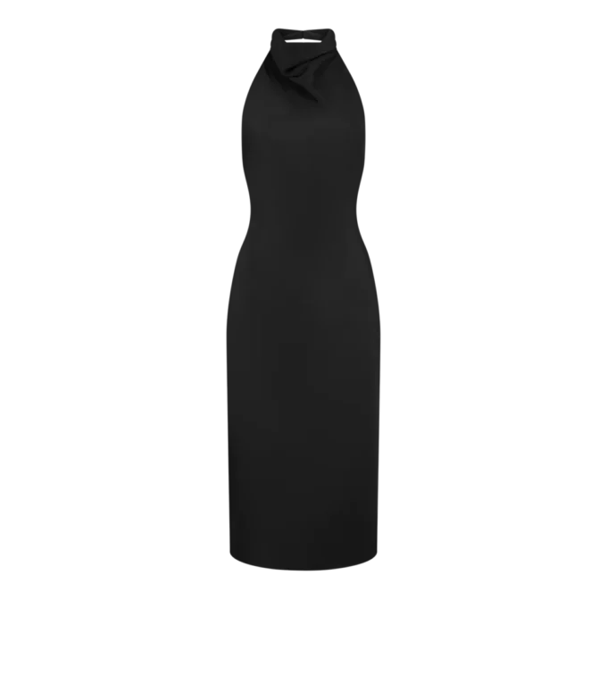 Robe de cocktail en soie à dos nu et encolure licou