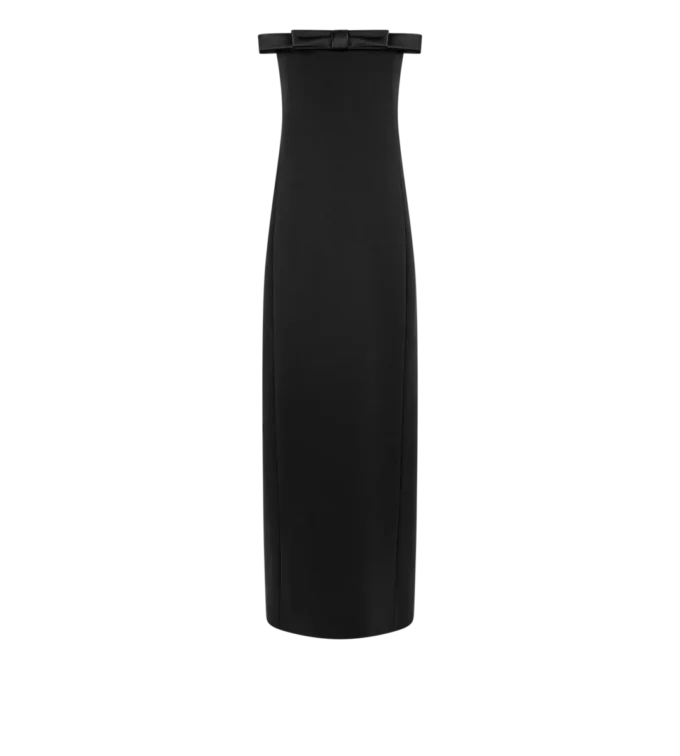 Robe de cocktail sans bretelles en crêpe épais et satin envers avec nœud Robe de cocktail sans bretelles en crêpe épais et satin envers avec nœud